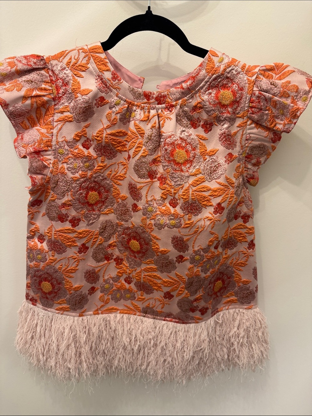 Pink Floral Embroidered Feather-Hem Blouse